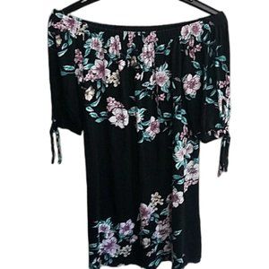 Saved by the Dress Off The Shoulder Mini Dress Black with Floral Pattern Tunic